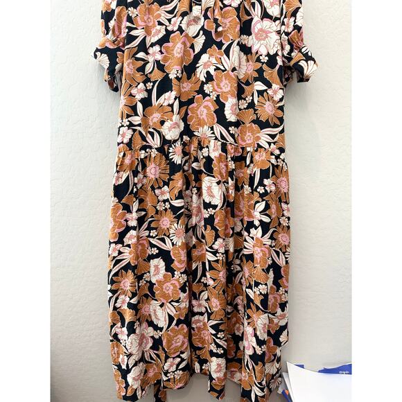 BOHME | Floral Midi Dress Black Pink Brown Boho Tie Neck | Size Medium - Picture 4 of 8